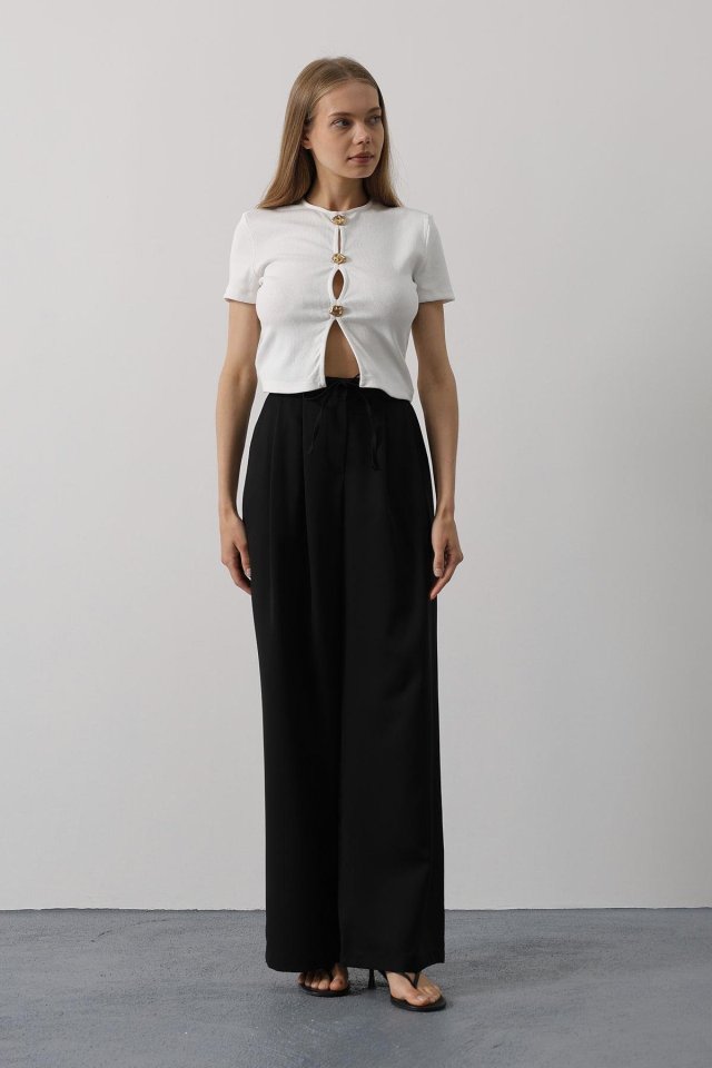 Pileli Bağcıklı Oversize Pantolon - Siyah