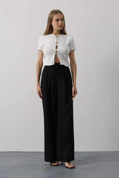 Pileli Bağcıklı Oversize Pantolon - Siyah