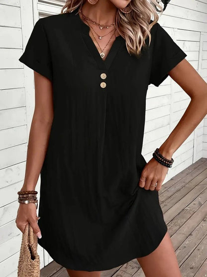 Kadın Kısa Kollu V Yakalı Düğmeli Müslim Kısa Elbise