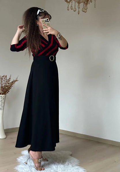 Kadın çizgi Detay Kruvaze Yaka Maxi Boy Triko Elbise