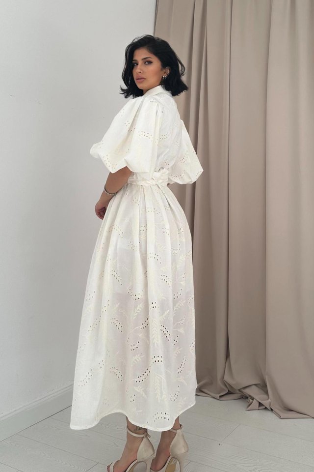 Ekru Pileli Balkon Elbise