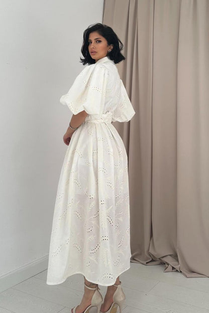 Ekru Pileli Balkon Elbise