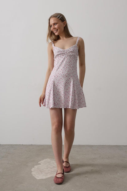 Çiçek Desenli Askılı Elbise - Pembe