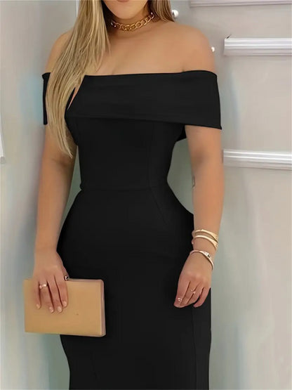 Kadın Kısa Kollu Madonna Yaka Belden Oturtmalı Uzun Ithal Krep Elbise