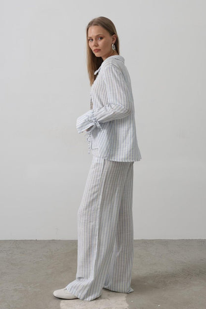 Çzgili Bağlamalı Pantolon Takım - Mavi