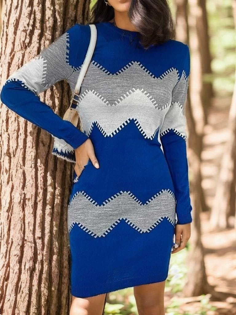 Kadın Uzun Kollu Zigzag Desen Triko Elbise