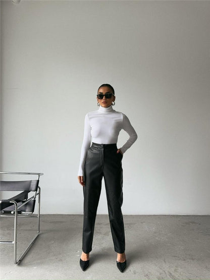 DERİ PANTOLON DİZ PARÇALI - Siyah