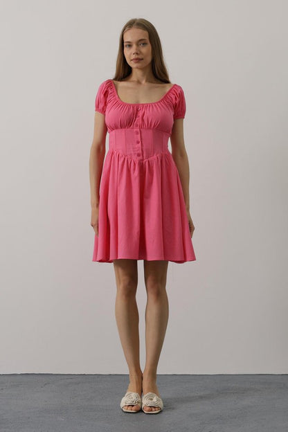 Beli Korseli Mini Elbise - Fuşya