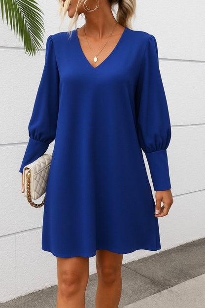 Kadın Uzun Kollu V Yakalı Kısa Ithal Krep Elbise