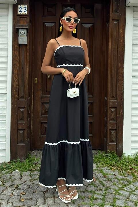 Dalgalı Şerit Detay Askılı Poplin Elbise 2876