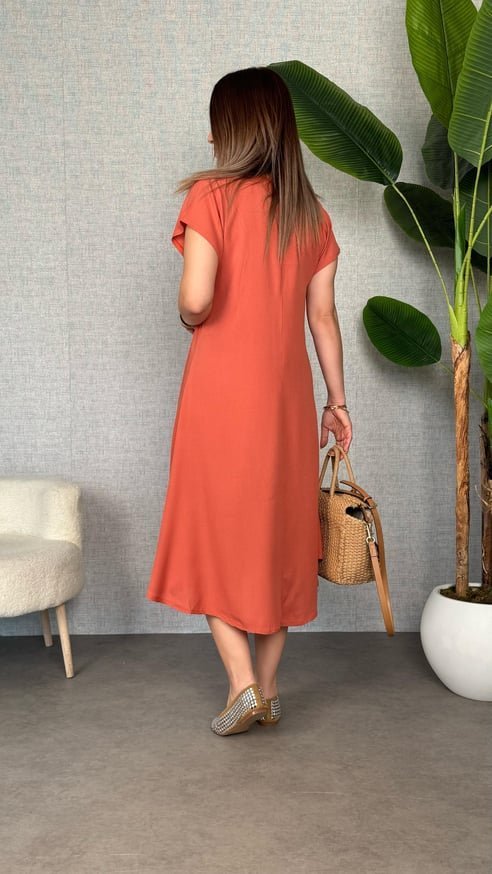 Kadın Kısa Kollu V Yaka Salaş Maxi Boy Elbise
