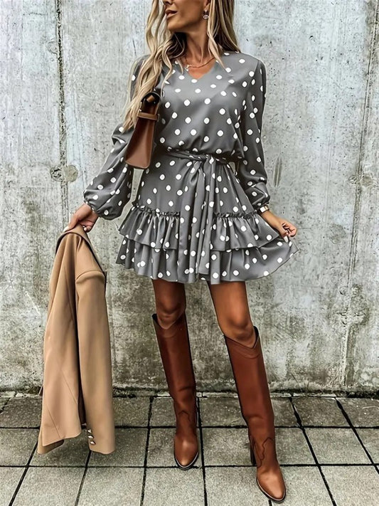 Kadın Uzun Kollu V Yakalı Belden Kuşaklı Puantiyeli Mini Modal Elbise