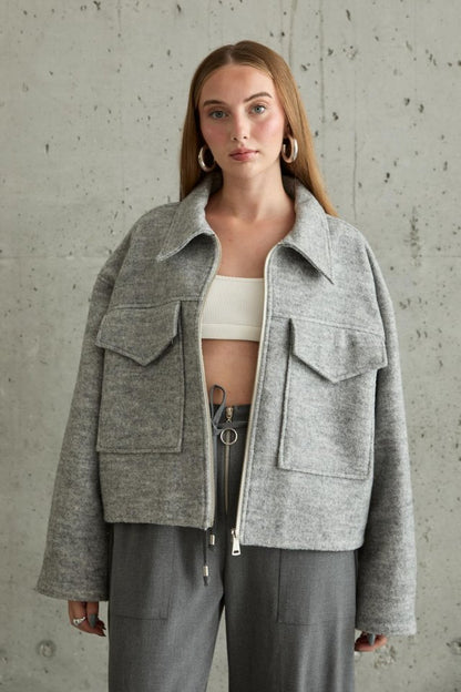 Gri Cebi Kapaklı Kaşe Ceket