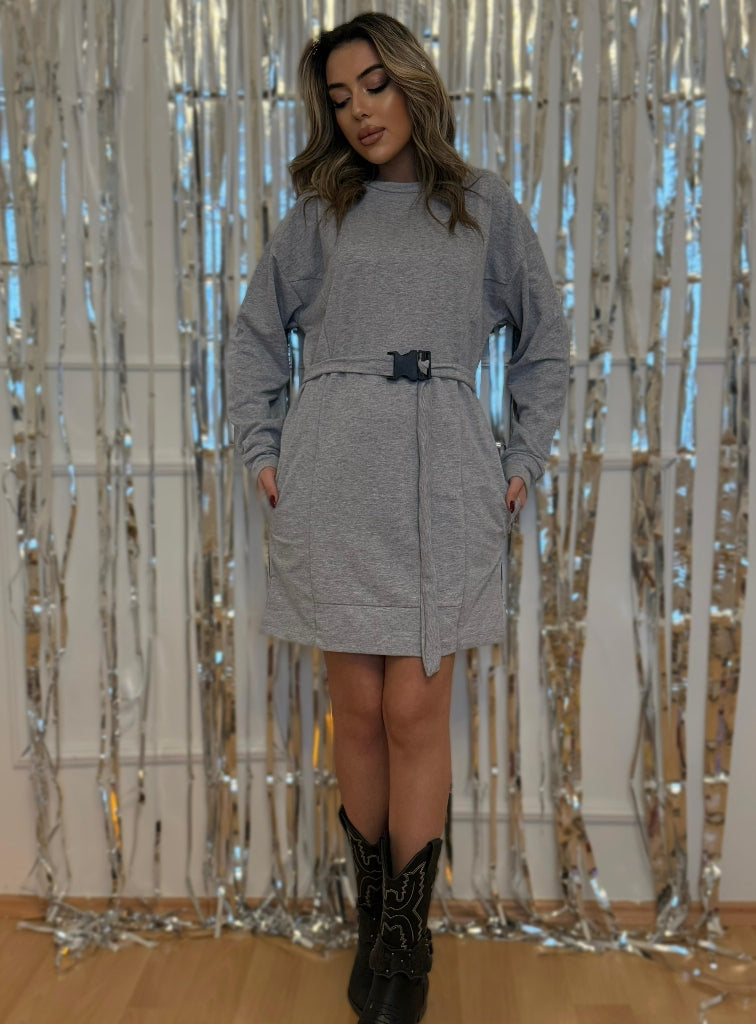 Kadın Uzun Kollu Bisiklet Yaka Kuşaklı Iki Iplik Elbise