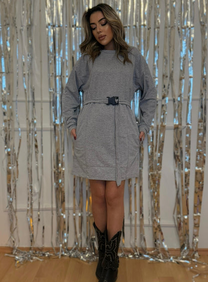 Kadın Uzun Kollu Bisiklet Yaka Kuşaklı Iki Iplik Elbise