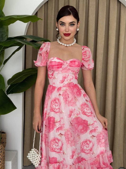 ŞİFON KUMAŞ DİJİTAL DESEN BASKILI ELBİSE