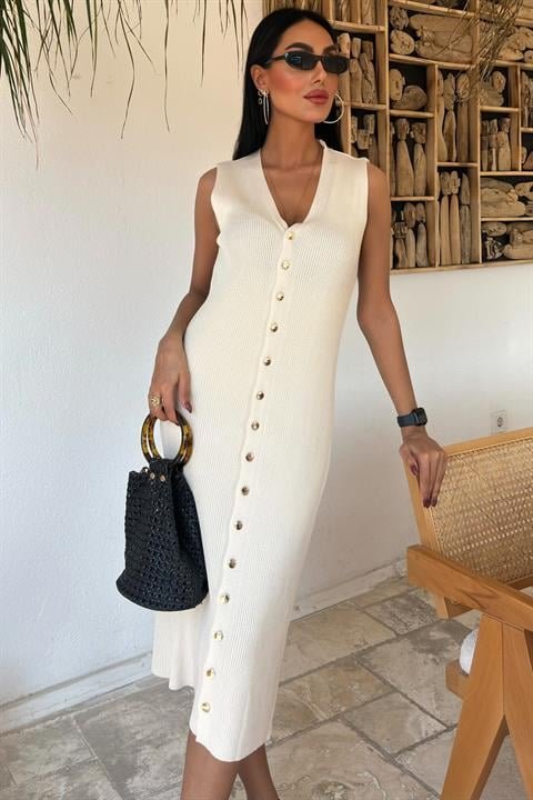 Önü Düğmeli Fitilli Kolsuz Elbise 2832