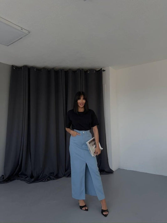 GABARDİN UZUN ÖNDEN YIRTMAÇLI ETEK - Mavi