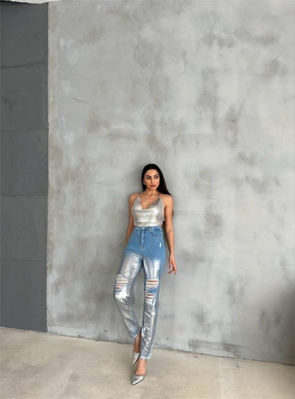 DİZ YIRTIK VARAKLI MOM KOT PANTOLON - Gümüş