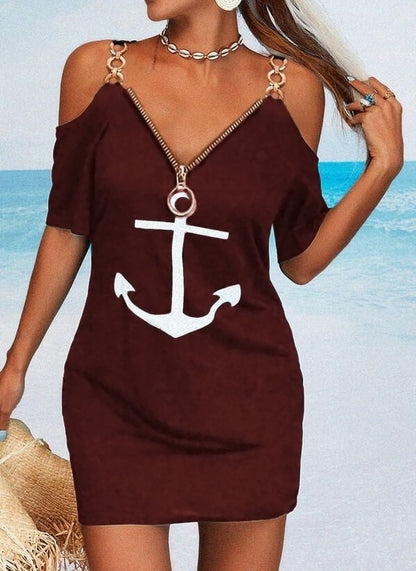 Fermuar Detay çıpa Baskılı Zincir Askılı Iki Iplik Elbise