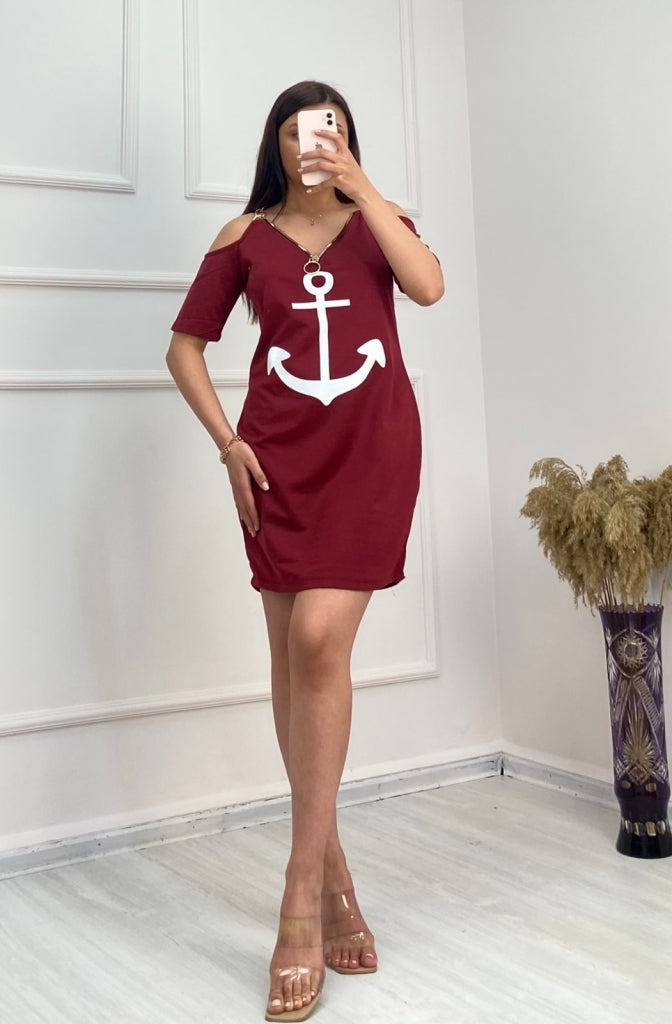 Fermuar Detay çıpa Baskılı Zincir Askılı Iki Iplik Elbise