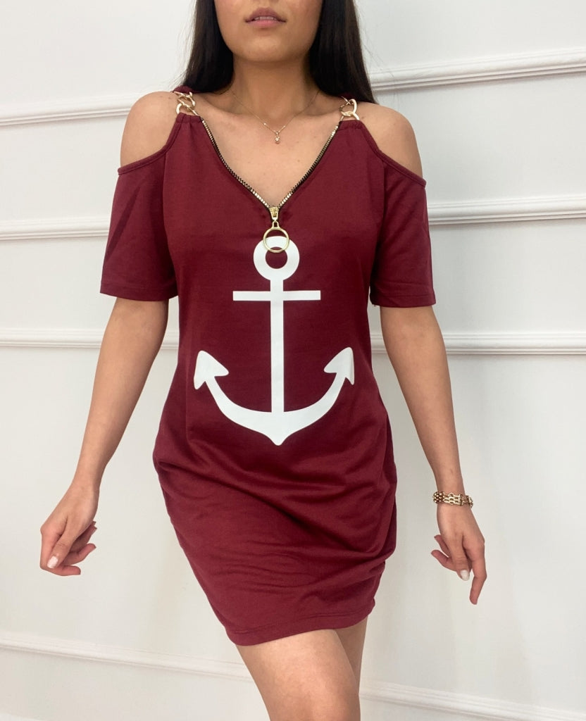 Fermuar Detay çıpa Baskılı Zincir Askılı Iki Iplik Elbise