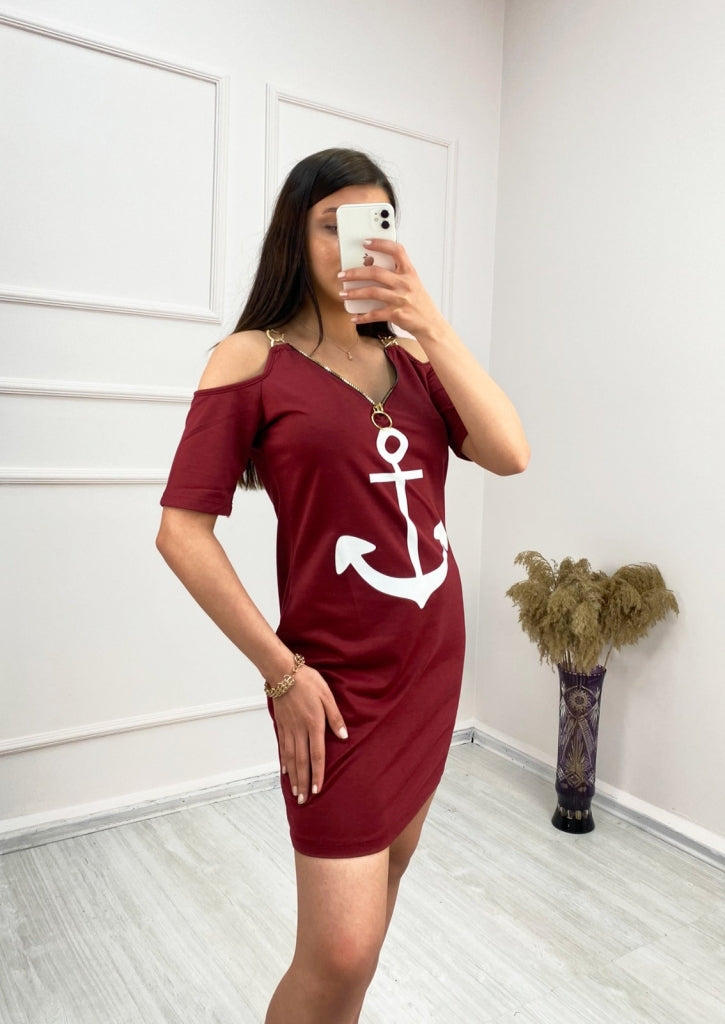 Fermuar Detay çıpa Baskılı Zincir Askılı Iki Iplik Elbise