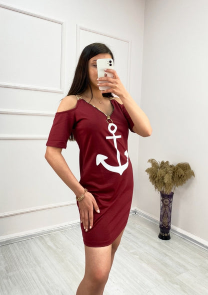 Fermuar Detay çıpa Baskılı Zincir Askılı Iki Iplik Elbise