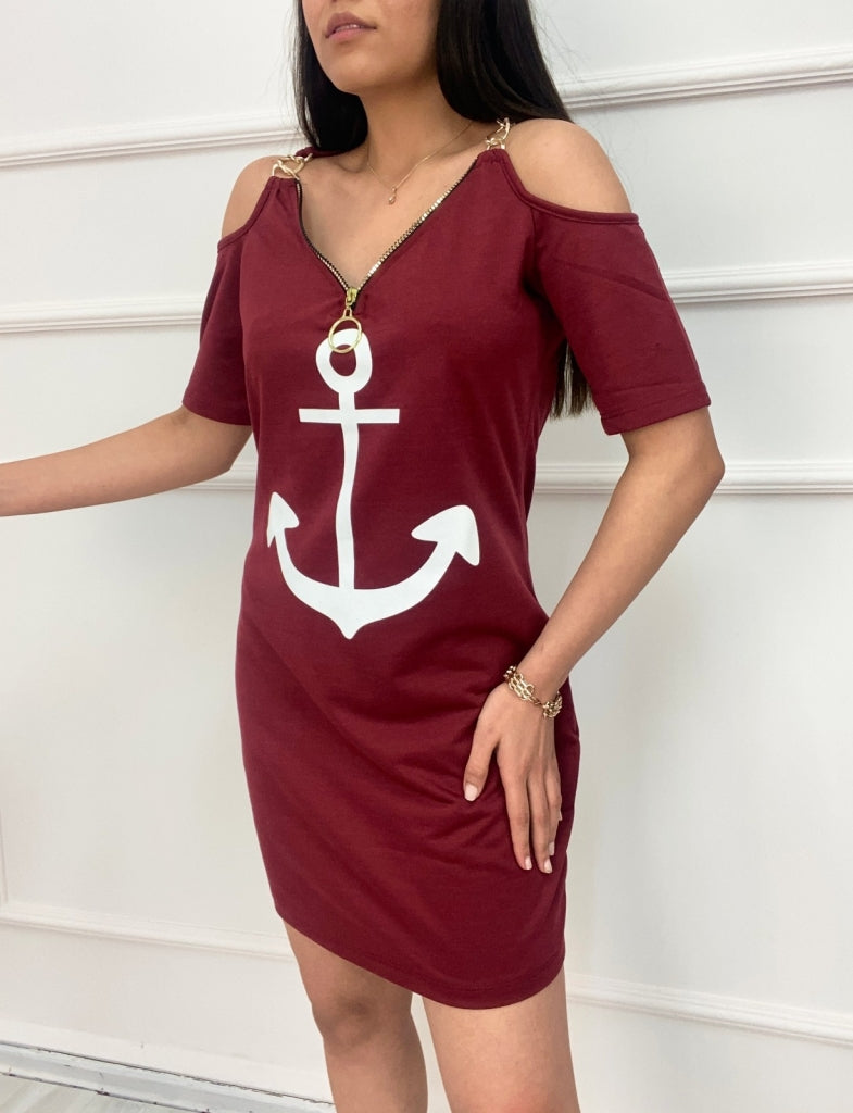 Fermuar Detay çıpa Baskılı Zincir Askılı Iki Iplik Elbise