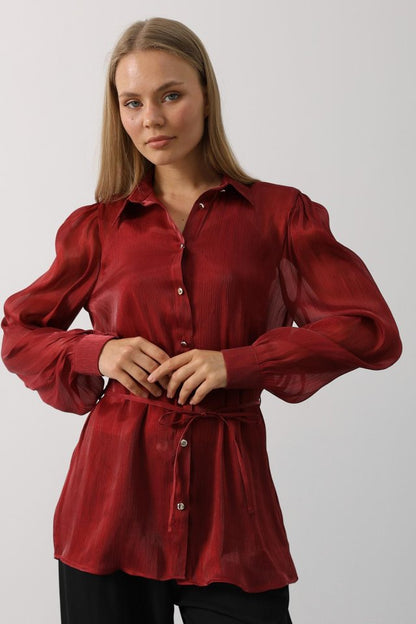 Belden Bağlamalı Uzun Kol Gömlek - Bordo