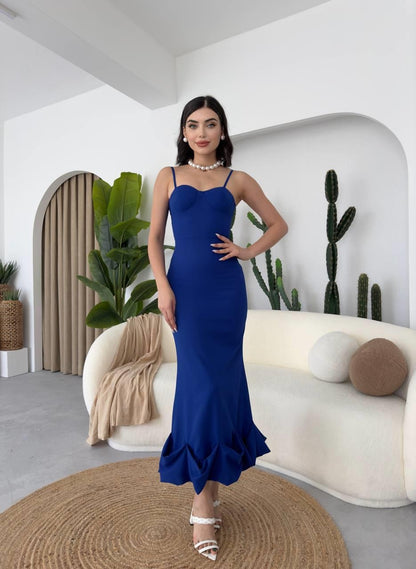 Dominic Eteği Büzgülü Midi Boy Elbise