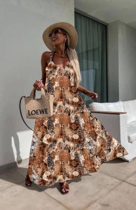 Kadın Dijital Baskılı Suprem Kumaş Askılı Maxi Boy Elbise