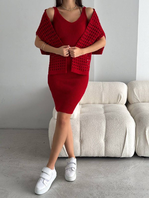 Kadın Delikli Kazak Askılı Elbise Triko Kumaş Ikili Takım