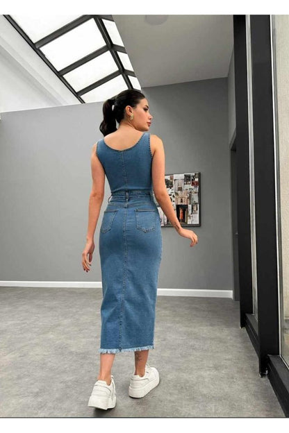 Mavi Likralı Kot Jile Elbise