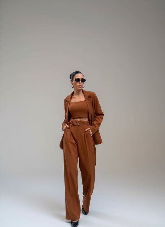 KOL 4 DÜĞME -  BÜSTİYERLİ 3 CEKET PANTOLON TAKIM-kahverengi