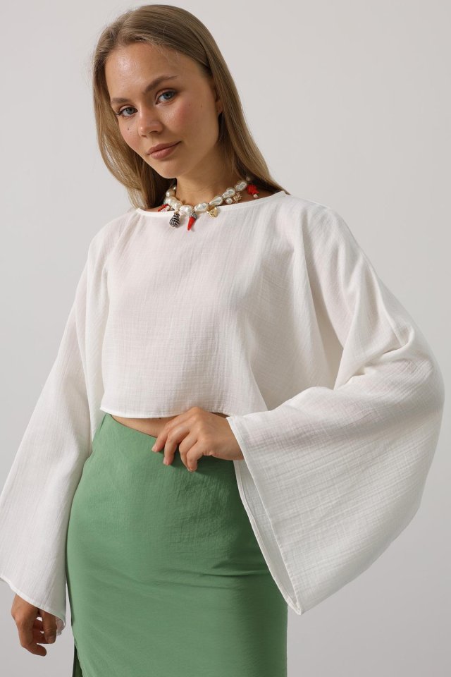 YARASA KOLLU CROP BLUZ - Beyaz