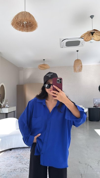 Kadın Flamlı Keten Tek Cep Oversızed Gömlek