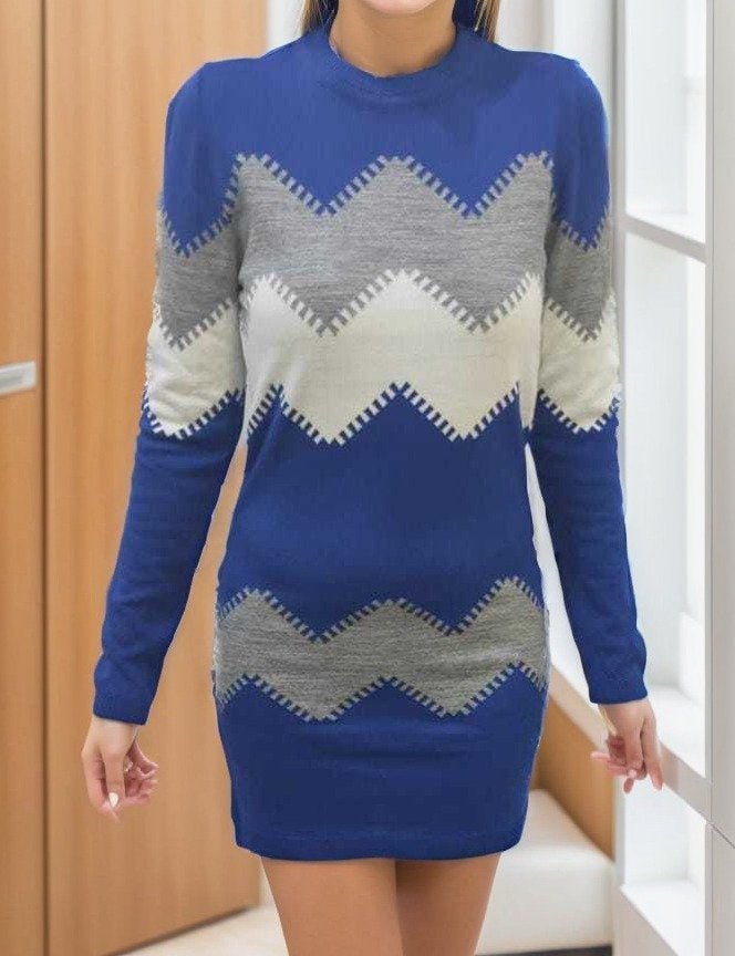 Kadın Uzun Kollu Zigzag Desen Triko Elbise