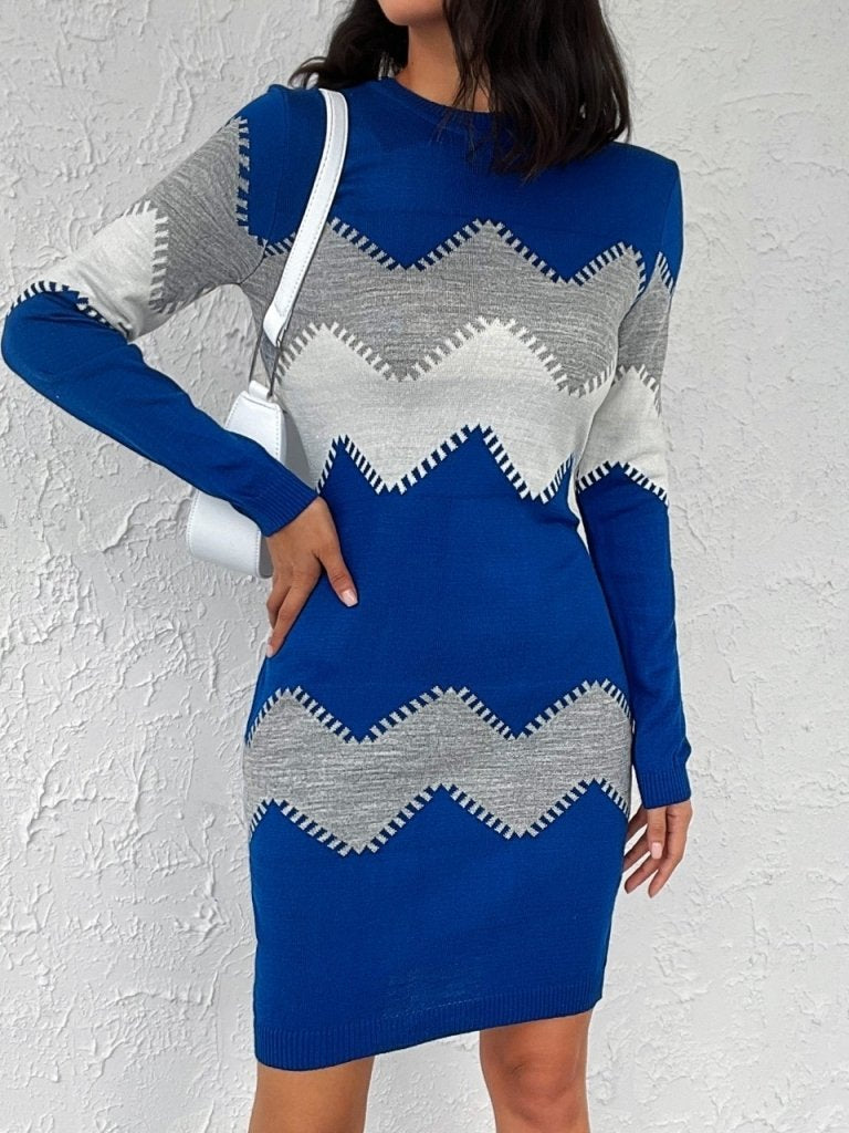 Kadın Uzun Kollu Zigzag Desen Triko Elbise