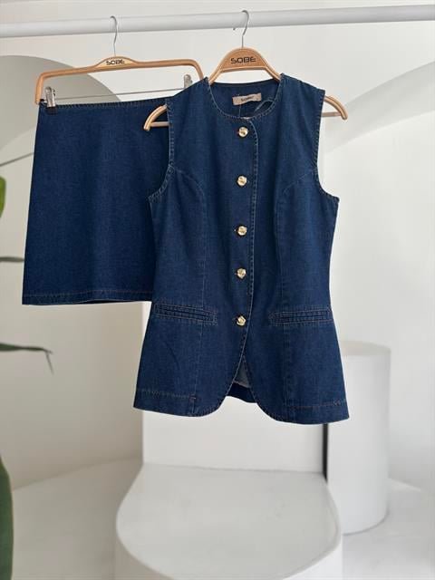 Kolsuz Yelekli Mini Etekli Denim Takım 10164