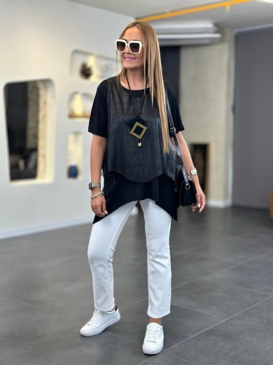 Kadın Kısa Kollu Bisiklet Yaka Yelek Bluz Asimetrik Kesim İkili Takım