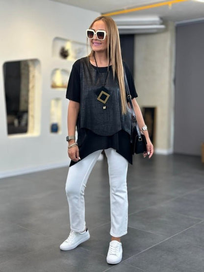 Kadın Kısa Kollu Bisiklet Yaka Yelek Bluz Asimetrik Kesim İkili Takım