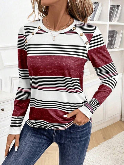 Kadın Uzun Kollu Bisiklet Yaka Düğme Detaylı Desenli Süprem Bluz