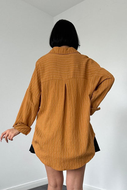 Kahverengi Çizgili Kristal Taşlı Klasik Gömlek