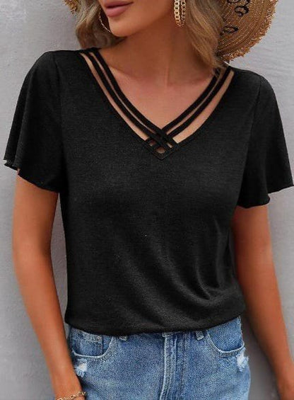 Kadın Kısa Kollu V şerit Yakalı Viskon Bluz