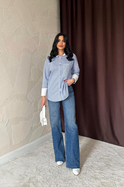Mavi Çizgili Poplin Uzun Kol Gömlek