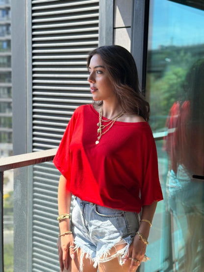 Kadın Tek Omuzu Açık Kısa Kollu Salaş Viskon Bluz