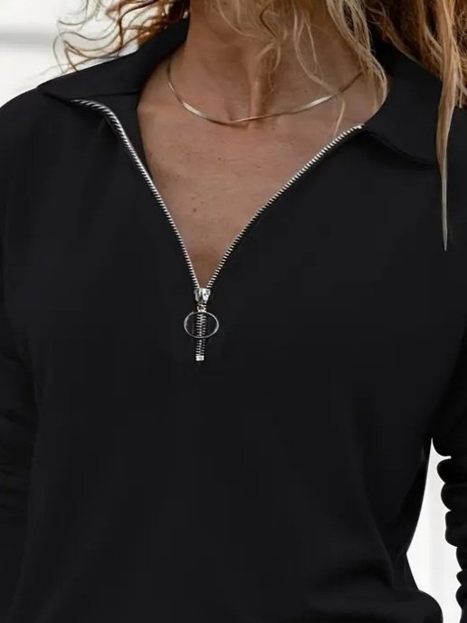 Kadın Uzun Kollu Yakalı Fermuarlı Iki Iplik Bluz