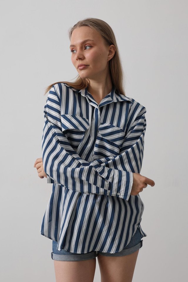 Cep Detaylı Oversize Gömlek - Lacivert