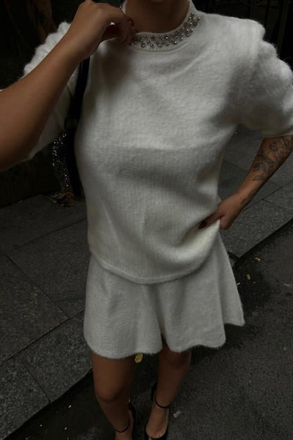 Yakası Taşlı Şardonlu Mini Etekli Takım 10002